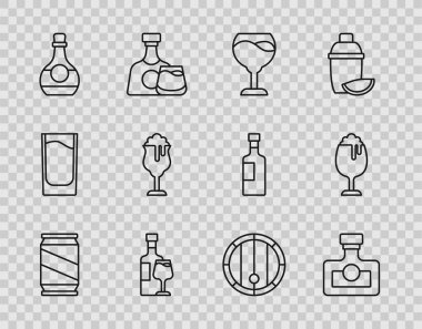 Çizgi bira kutusu, alkollü içecek rom, şarap bardağı, şişe konyak ya da brendi, cam bira, tahta fıçı ve ikon. Vektör