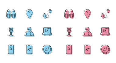 Hat pusulasını mobil, şehir haritası navigasyon, dürbün, dünyanın konumu, trafik ışığı ve bilinmeyen yol noktası simgesine ayarla. Vektör