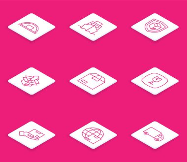 Depo hattı, kutu teslimatlı kargo gemisi, teslimat güvenlik kalkanı, Unboks, karton karton, kırılgan cam, el ve dünya çapında nakliye ikonu. Vektör