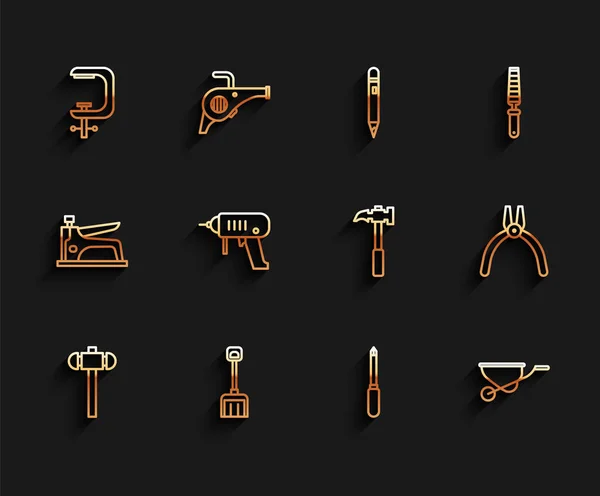 Set Line Sledgehammer Sneeuwschep Klem Schroefgereedschap Schroevendraaier Kruiwagen Elektrische Boormachine — Stockvector