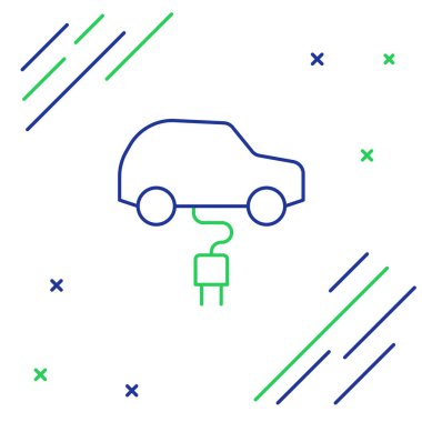 Elektrik hattı arabası ve elektrik kablosu şarj ikonu beyaz arka planda izole edildi. Yenilenebilir ekolojik teknolojiler. Renkli taslak konsepti. Vektör