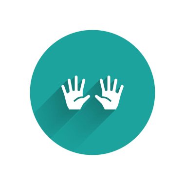 Uzun gölgeli beyaz tıbbi kauçuk eldiven ikonu. Koruyucu lastik eldivenler. Yeşil daire düğmesi. Vektör.