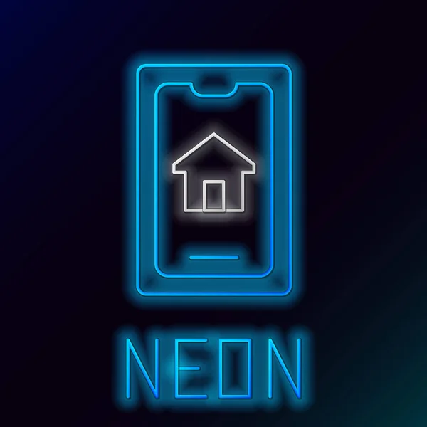 Gloeiende Neon Lijn Online Vastgoed Huis Smartphone Icoon Geïsoleerd Zwarte — Stockvector