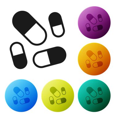 Siyah vitamin kompleksi beyaz arka planda izole edilmiş hap kapsülü ikonu. Sağlıklı bir yaşam tarzı. Simgeleri renk daire düğmelerine ayarla. Vektör.