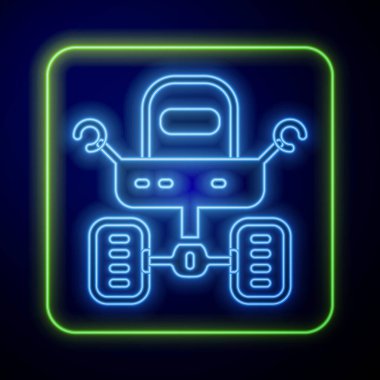 Parlayan neon renkli Mars gezgini ikonu mavi arka planda izole edildi. Uzay aracı. Ay yürüyüşü işareti. Gezegen yüzeyini incelemek için bir cihaz. Vektör.