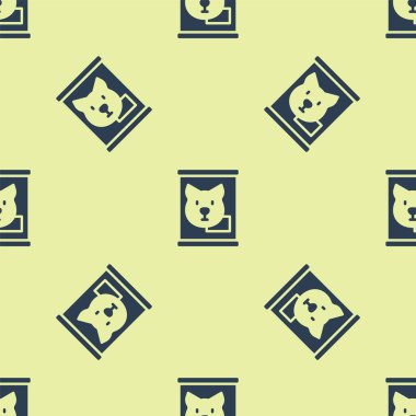 Mavi konserve yiyecek ikonu sarı arka planda izole edilmiş pürüzsüz desen. Hayvanlar için yiyecek. Evcil hayvan yiyeceği kutusu. Köpek kemiği işareti. Vektör