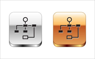 Siyah İş Hiyerarşisi organizogram grafiksel bilgi simgesi beyaz arkaplanda izole edildi. Kurumsal yapı grafik elementleri. Gümüş ve altın kare düğmeler. Vektör