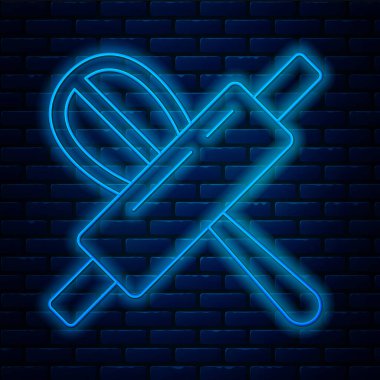 Parlayan neon hattı mutfak çırpısı ve oklavalı iğne simgesi tuğla duvar arka planında izole edilmiş. Mutfak aletleri, yumurta çırpıcı. Çatal bıçak seti. Yemek karışımı sembolü. Vektör.