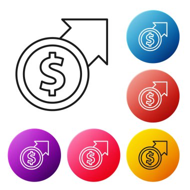 Siyah çizgi finansal büyüme ve dolar madeni para ikonu beyaz arka planda izole edildi. Gelirleri arttırıyorum. Renkli daire düğmelerini ayarlayın. Vektör.