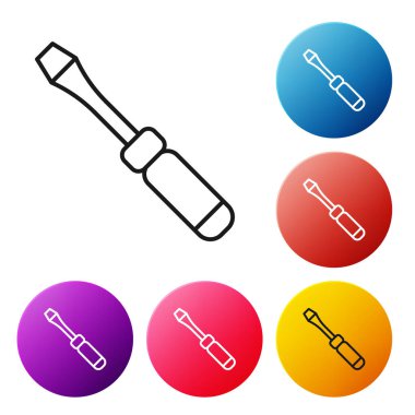 Siyah çizgi tornavida simgesi beyaz arkaplanda izole edildi. Servis aracı sembolü. Renkli daire düğmelerini ayarlayın. Vektör.