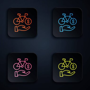 Renkli neon hattı bisiklet kiralama mobil uygulama simgesi siyah arkaplanda izole edildi. Şehirde bisiklet kiralamak için iyi bir servis. Paylaşım sistemi için mobil uygulama. Kare düğmelere simgeleri yerleştir. Vektör