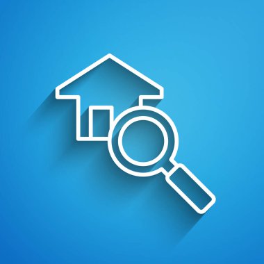 Beyaz çizgi arama evi simgesi mavi arkaplanda izole edildi. Büyüteç altındaki bir evin emlak sembolü. Uzun gölge. Vektör
