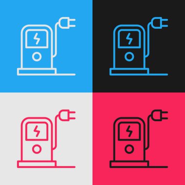 Pop Art Line Electric araba şarj istasyonu simgesi renk arkaplanında izole edildi. Eko elektrik yakıt pompası tabelası. Vektör