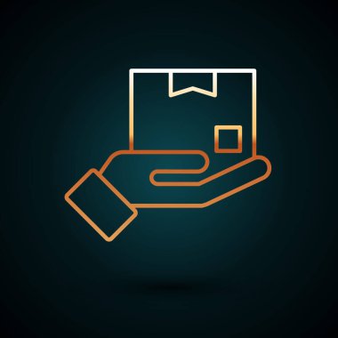 Koyu mavi arka planda izole edilmiş karton kutu ikonlu altın çizgili teslimat eli. Kuryeyle kapı kapı dolaşacağız. Vektör