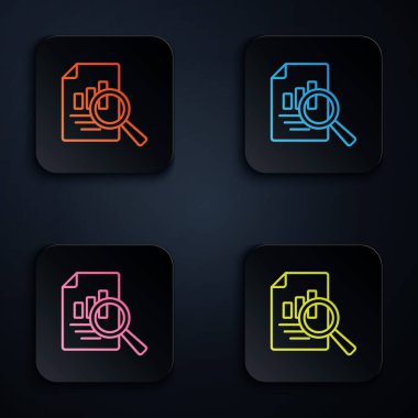Siyah arkaplanda izole edilmiş grafik çizelgesi simgesine sahip renkli neon çizgi belgesi. Metin dosya simgesini rapor et. Muhasebe tabelası. Denetim, analiz, planlama. Kare düğmelere simgeleri yerleştir. Vektör