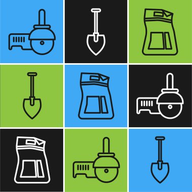 Hat açılı öğütücü, çimento torbası ve kürek ikonu. Vektör.