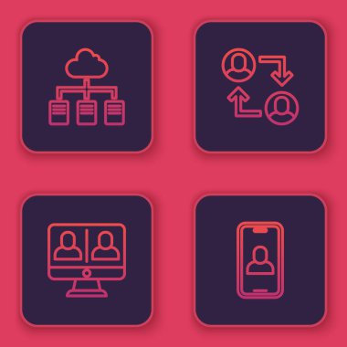 Çevrimiçi çalışma, görüntülü sohbet konferansı, Proje ekibi üssü ve... Mavi kare düğme. Vektör