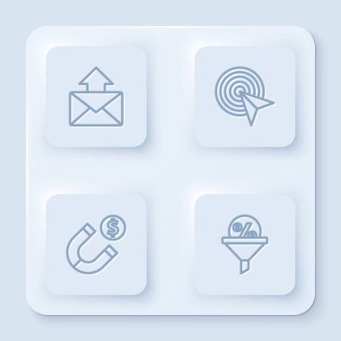 Posta, e-posta, hedef, mıknatıs ve para ayarlayın. Beyaz kare düğme. Vektör