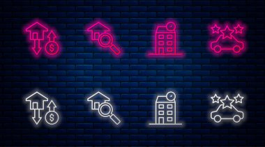 Hattı ayarla, House, dolar ve araba paylaşımı ile. Tuğla duvarda parlayan neon simgesi. Vektör