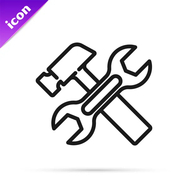 Černá Čára Crossed Kladivo Klíč Klíč Ikona Izolované Bílém Pozadí — Stockový vektor