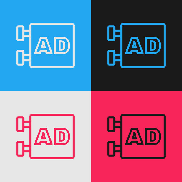 Pop art line Advertising icon isolated on color background. Concept of marketing and promotion process. Responsive ads. Social media advertising.  Vector.
