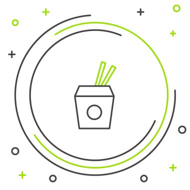 Karton kutuda Asya erişteleri ve beyaz arka planda izole edilmiş yemek çubukları ikonu. Sokak yemeği. Kore, Japon, Çin yemekleri. Renkli taslak konsepti. Vektör