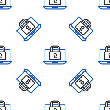 Çizgi dizüstü bilgisayar ve kilit simgesi beyaz arkaplanda izole edilmiş kusursuz desen. Bilgisayar ve asma kilit. Güvenlik, güvenlik, koruma kavramı. Güvenli bir ağ. Renkli taslak konsepti. Vektör