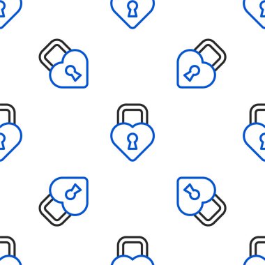 Kalp ikonu şeklindeki Çizgi Kalesi beyaz arkaplandaki kusursuz deseni izole etti. Kilitli Kalp. Aşk sembolü ve anahtar deliği işareti. Renkli taslak konsepti. Vektör