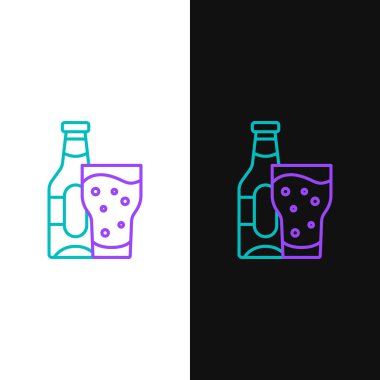 Çizgili bira şişesi ve cam ikonu beyaz ve siyah arkaplanda izole edilmiş. Alkol içeceği sembolü. Renkli taslak konsepti. Vektör