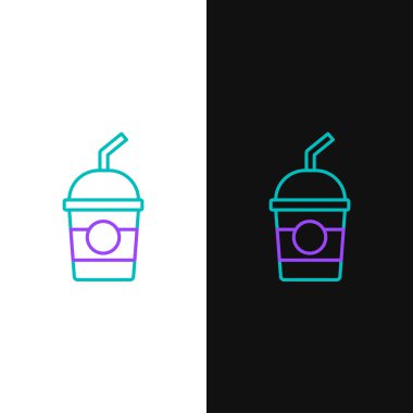 Çizgi milkshake simgesi beyaz ve siyah arkaplanda izole edildi. Kapaklı ve samanlı plastik bardak. Renkli taslak konsepti. Vektör