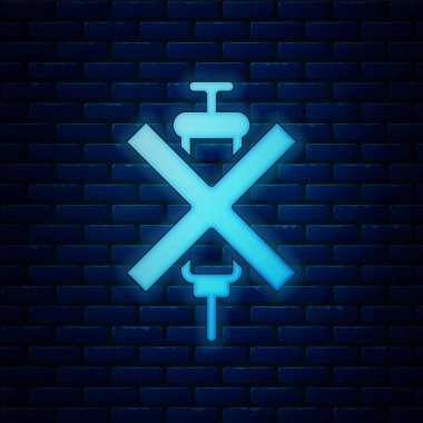 Parlayan neon. Duvarın arkasında doping olmayan şırınga ikonu izole edilmiş. Vektör.