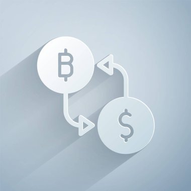 Kağıt kesiği Kripto döviz simgesi gri arka planda izole edildi. Bitcoin 'den dolar takas simgesine. Kripto para teknolojisi, mobil bankacılık. Kağıt sanatı tarzı. Vektör.