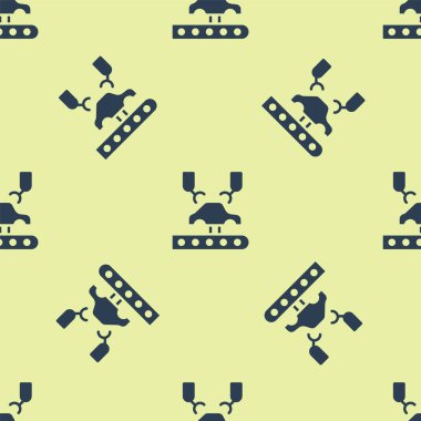 Mavi Endüstri Makinesi robot kolu araba fabrikası ikonu üzerinde izole edilmiş sarı arka planda pürüzsüz desen. Endüstriyel otomobil üretimi. Vektör.