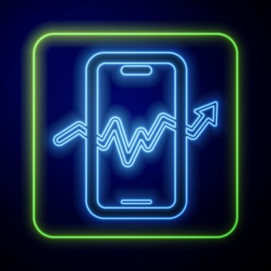 Parlayan neon mobil hisse senedi konsepti ikonu mavi arka planda izole edildi. Çevrimiçi ticaret, borsa analizi, iş ve yatırım. Vektör