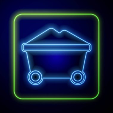 Parlayan neon kömürü madeni tramvay ikonu mavi arka planda izole edilmiş. Fabrika kömür madeni vagonu. Vektör