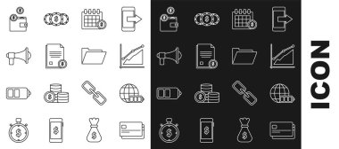 Satır kredi kartı, pil şarj seviyesi göstergesi dünya küresi, pasta grafiği bilgisi, finans takvimi, finans belgesi, Megaphone, cüzdan paraları ve belge klasörü simgesi. Vektör
