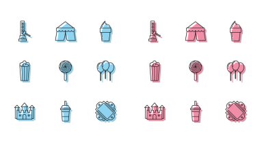 Set hattı Castle, kamış ve su içen kağıt bardak, yüksek grevli çekiç, bilet, lolipop, balon kurdele, patlamış mısır karton kutu ve sirk çadırı ikonu. Vektör