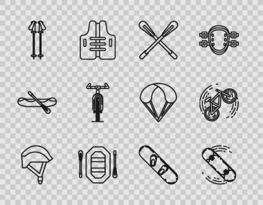 Çizgili bisiklet kaskı, kaykay numarası, çapraz kürek, rafting botu, kayak direkleri, snowboard ve ikon. Vektör