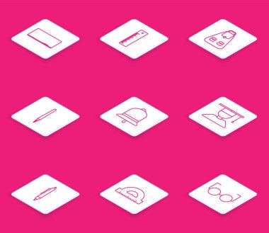 Çizgi tahtası, cetvel, okul çantası, tükenmez kalem, zil, mezuniyet şapkası ve derece simgesini ölçmek için Protractor ızgarası. Vektör