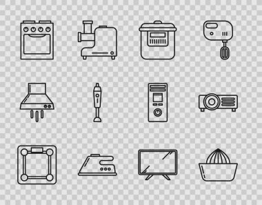 Sıra halinde banyo terazileri, meyve sıkacağı, yavaş pişirme makinesi, elektrikli ütü, fırın, blender, akıllı televizyon ve ikon. Vektör