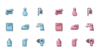 Sıvı bulaşık deterjanı için plastik şişeler, köpüklü sabun, temizlik servisi, elektrikli ütü, su musluğu, çamaşır makinesi ve çöp poşeti ikonu. Vektör