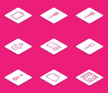 Hattı kes, mutfak çırpıcı, çatal, önlük, mikrodalga fırın, Spatula, pizza bıçağı ve tost ikonlu ekmek kızartma makinesi. Vektör