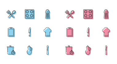 Hattı kur, tencere ve mutfak zamanlayıcısı, bir şişe zeytin yağı, çapraz çatal kaşık, şef şapkası, kesme tahtası ve gaz sobası ikonu. Vektör