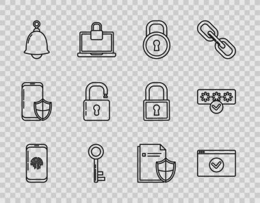 Smartphone 'u parmak izi tarayıcısı ile ayarla, HTTPS, SSL, Lock, Key, Ringing bell, Open padlock, Doküman koruma konsepti ve Parola ve güvenlik erişim simgesini emniyete al. Vektör