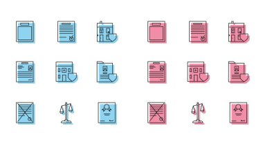 Dosya silme belgesi, adalet terazisi, boş form, sertifika şablonu, kalkan, belge, kişisel ve onaylanmış hastane binası ayarlayın ve işaret simgesini işaretleyin. Vektör