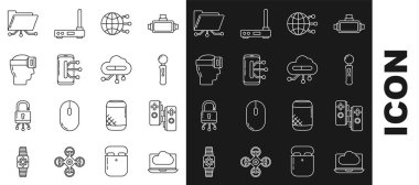 Hat Cloud teknoloji veri transferi ve depolama, Gamepad, Global sosyal ağ, Smartphone, cep telefonu, Sanal gerçeklik gözlükleri, Dizin kilidi ve nesnelerin İnternet simgesi. Vektör