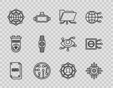 Satır SSD kartı, İşlemci, Dizin ve kilit, Küresel teknoloji sosyal ağı, Smartwatch, Proje ekibi tabanı ve Uzaktan Kontrol simgesi ayarla. Vektör
