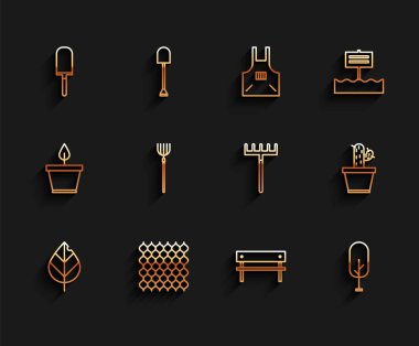 Çizgi yap, bahçe çiti ahşap, kürek ya da kürek, benç, ağaç, dirgen, kaktüs ve tencere ve tırmık ikonu. Vektör