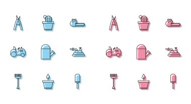 Bahçe tırmığı, saksıda bitki, el yapımı makas, kürek küreği, su kovası, hortum hortumu, traktör ve kaktüs sulu ikonu. Vektör