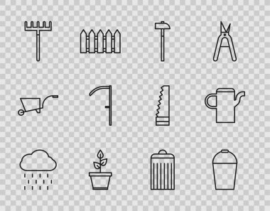 Bulut 'u yağmur, kova, çekiç, saksı, bahçe tırmığı, tırmık, çöp tenekesi ve su ikonu ile dizin. Vektör